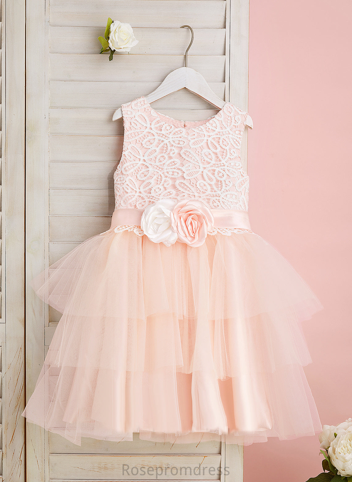 Flower Girl Dresses Lace/Flower(s)/Back Knee-length Dress Hole Satin/Tulle With Ball-Gown/Princess - Scoop Flower Girl Sleeveless Cloe Neck