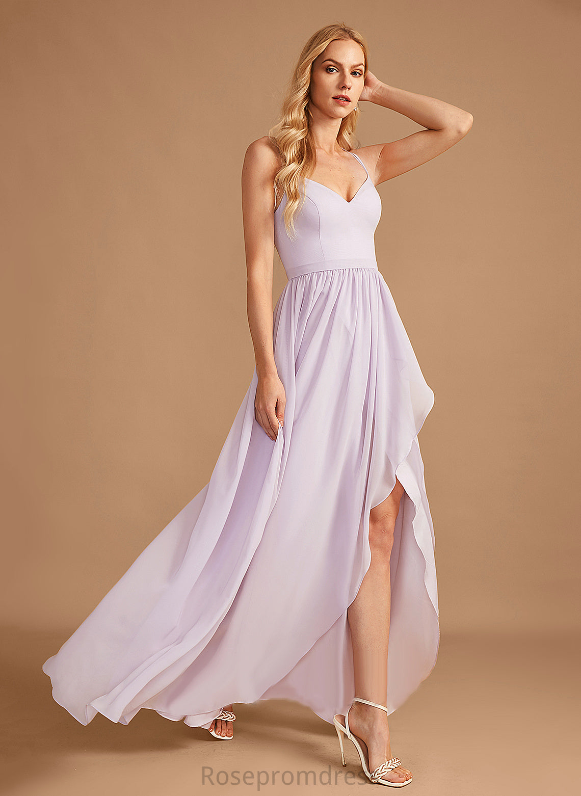 SplitFront Fabric Neckline Length Ruffle Embellishment Asymmetrical A-Line V-neck Silhouette Kailee Bridesmaid Dresses