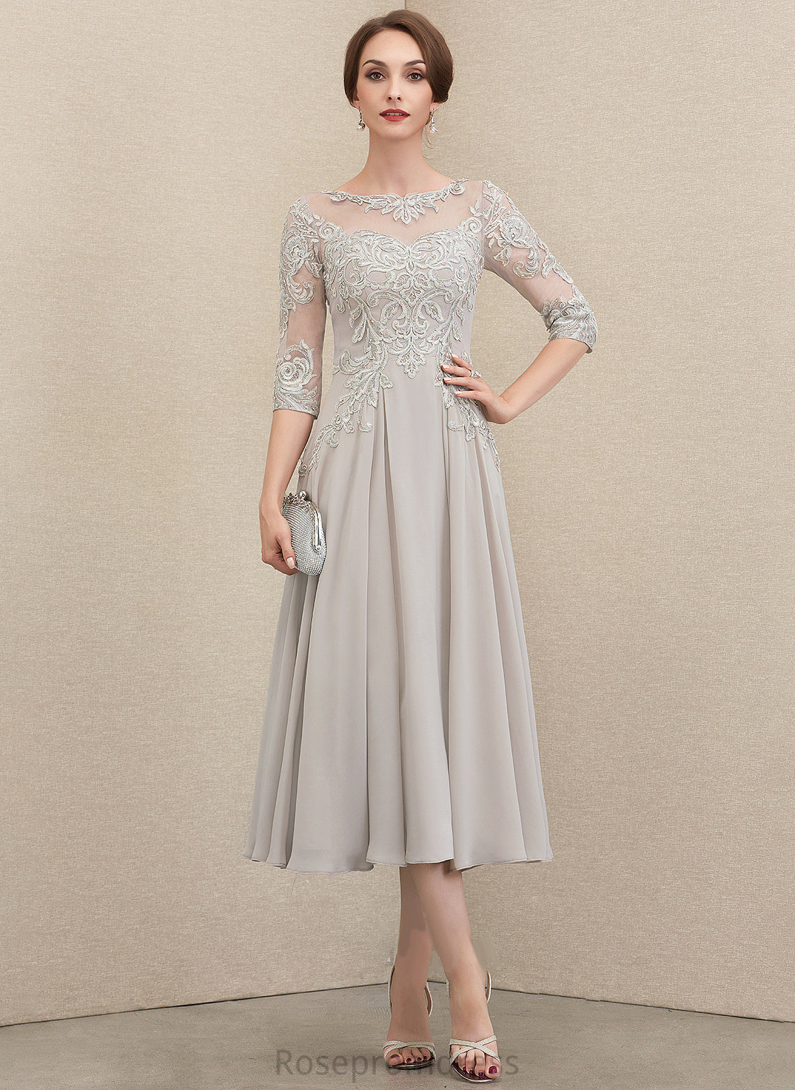 the Sequins Tea-Length Beading Mother Dress Lace Neck With A-Line of Mother of the Bride Dresses Annika Chiffon Bride Scoop