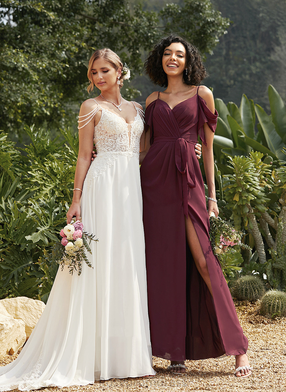 V-neck A-Line SplitFront Embellishment Length Neckline Ruffle Silhouette Sash Fabric Floor-Length Halle Bridesmaid Dresses