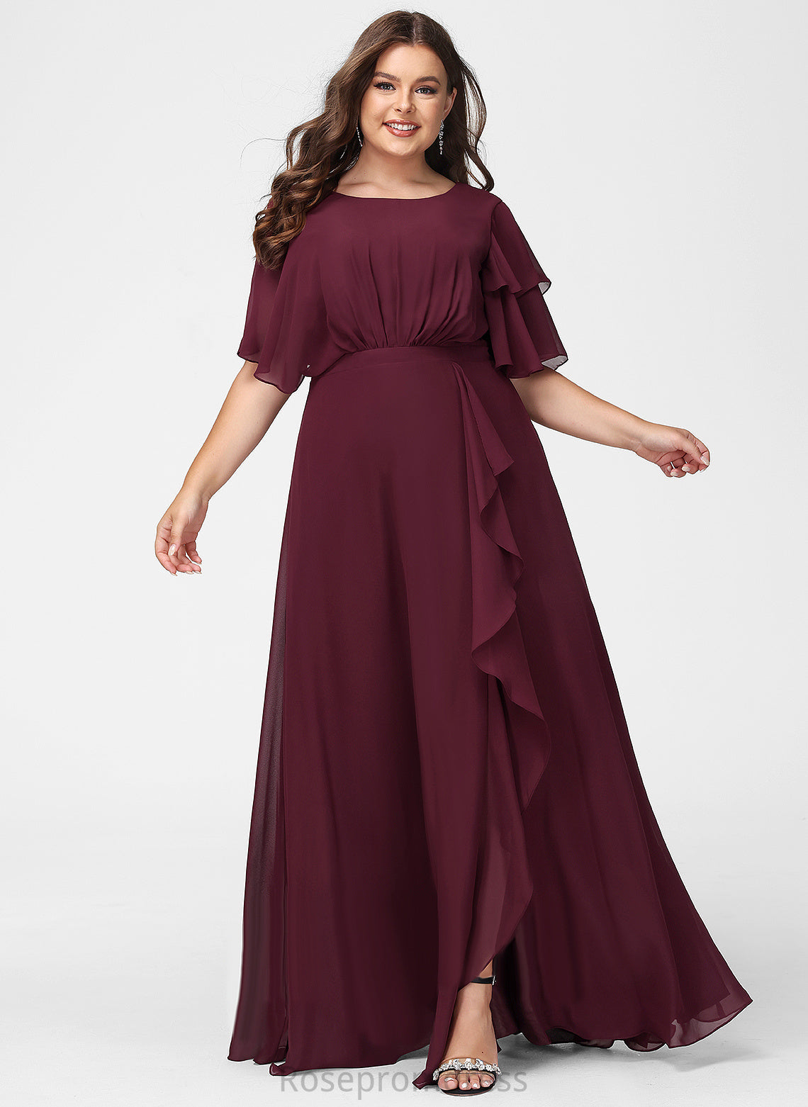 ScoopNeck Ruffle Fabric SplitFront Floor-Length A-Line Length Silhouette Embellishment Neckline Jimena Bridesmaid Dresses