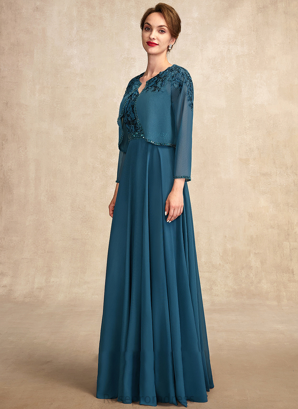 Dress of the Floor-Length Sequins Chiffon Kathryn Bride Beading A-Line Mother of the Bride Dresses Lace With Mother V-neck