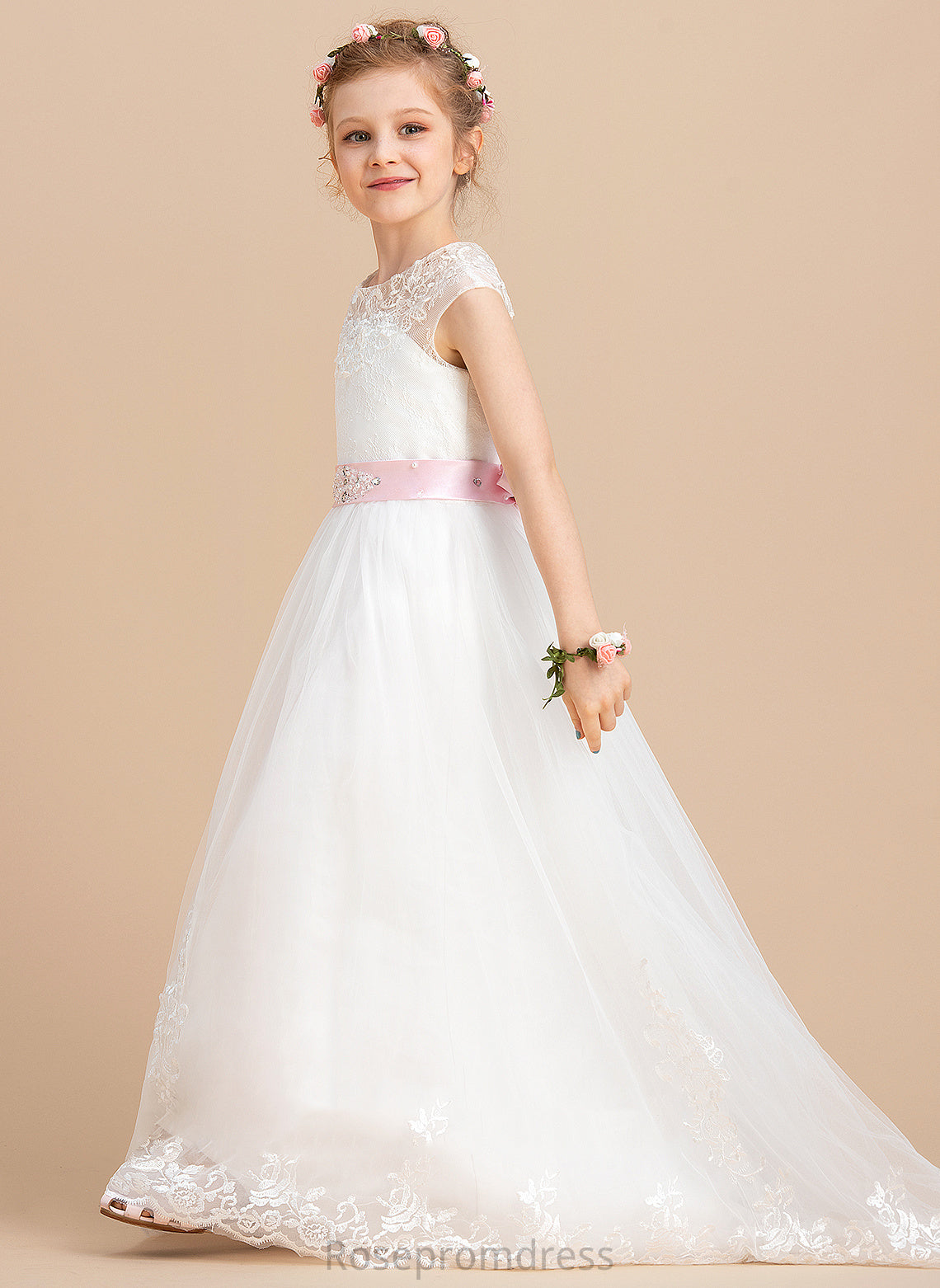 Flower - Dress Neck Justice Girl Ball-Gown/Princess NOT Scoop Sash/Beading/Appliques/Bow(s) Flower Girl Dresses With Tulle/Lace included) Floor-length Sleeveless (Petticoat