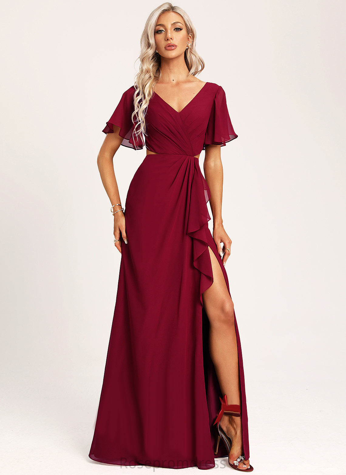 Embellishment Fabric Silhouette Length Ruffle Floor-Length Neckline A-Line V-neck Jamya Bridesmaid Dresses