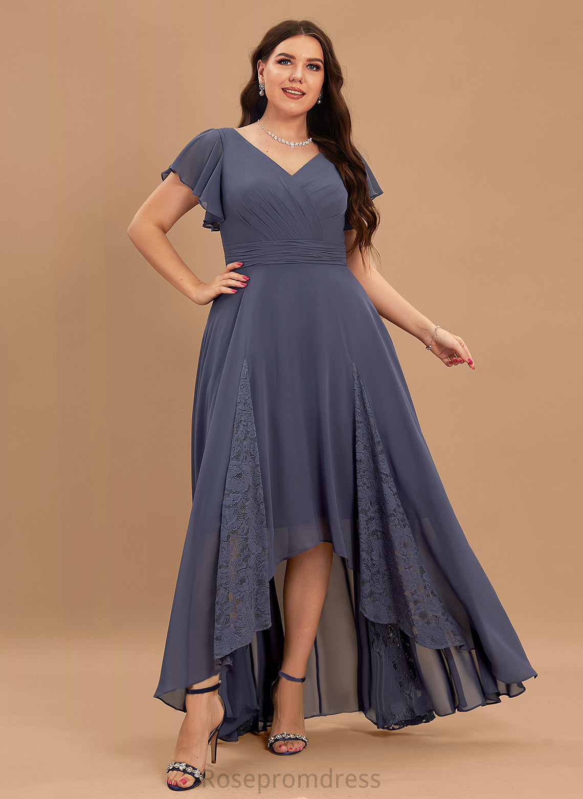 Embellishment Silhouette Fabric A-Line Asymmetrical Neckline V-neck Ruffle Length Gina Bridesmaid Dresses