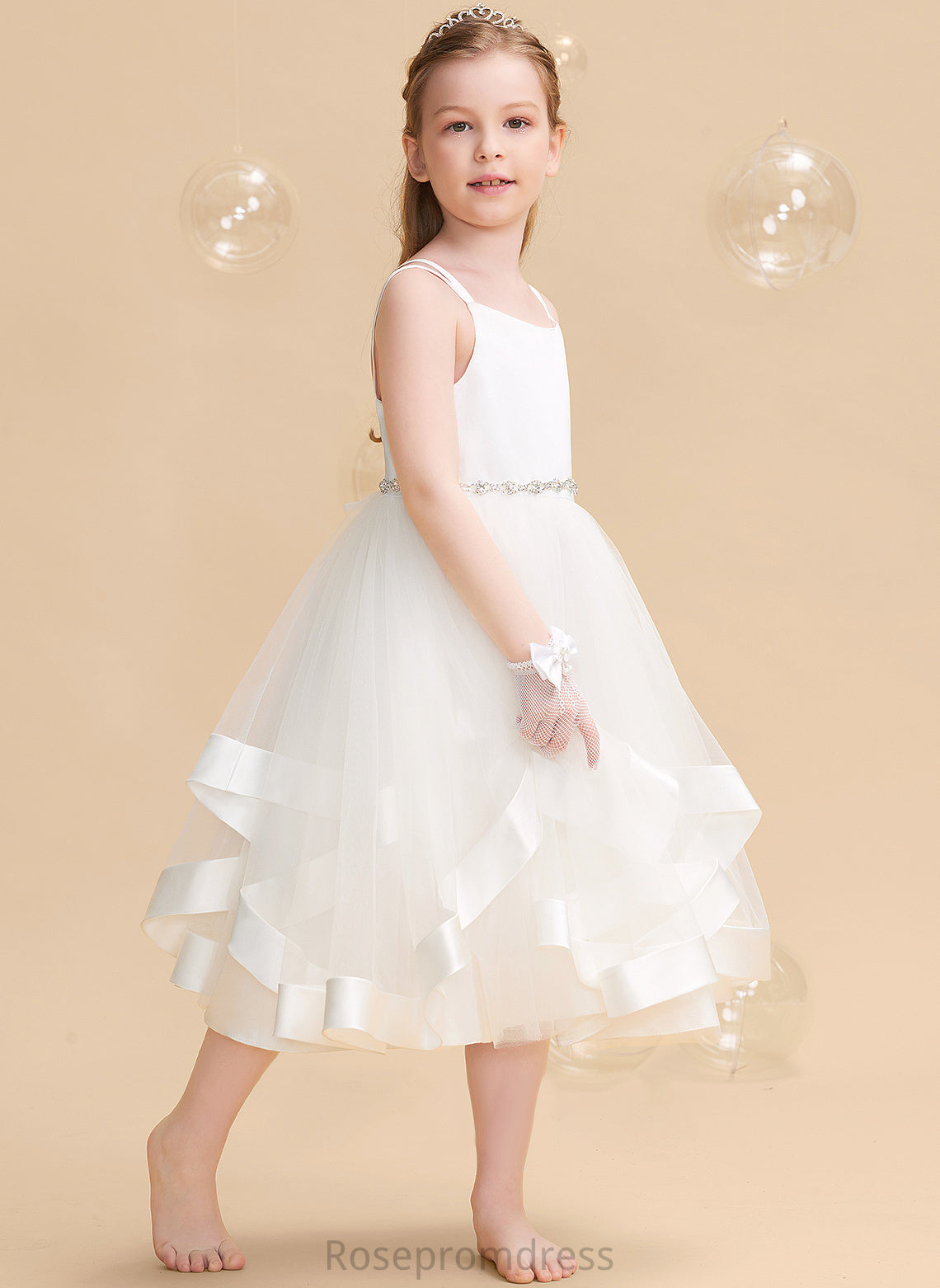 Tea-length Straps Flower Dress Satin/Tulle Beading Girl With Kaleigh Sleeveless A-Line - Flower Girl Dresses