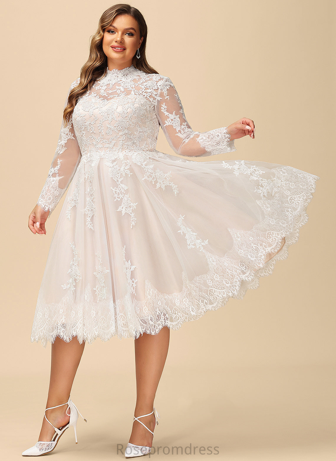 Caroline Lace Wedding Dresses Tulle Knee-Length Illusion Dress A-Line Wedding