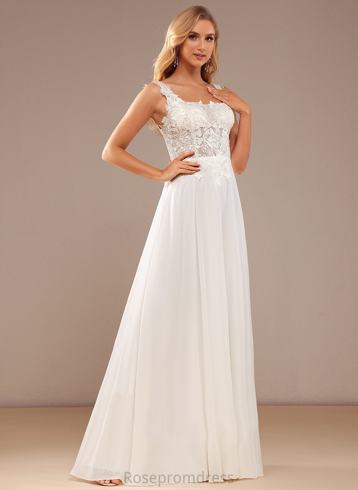 Wedding Lorelai Wedding Dresses Sequins Lace Dress Lace Chiffon Neckline A-Line Floor-Length Square With