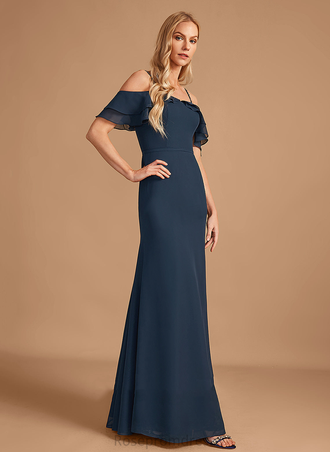 Sheath/Column Beading Off-the-Shoulder Fabric Neckline Ruffle Floor-Length Length Silhouette Embellishment Sasha A-Line/Princess Bridesmaid Dresses