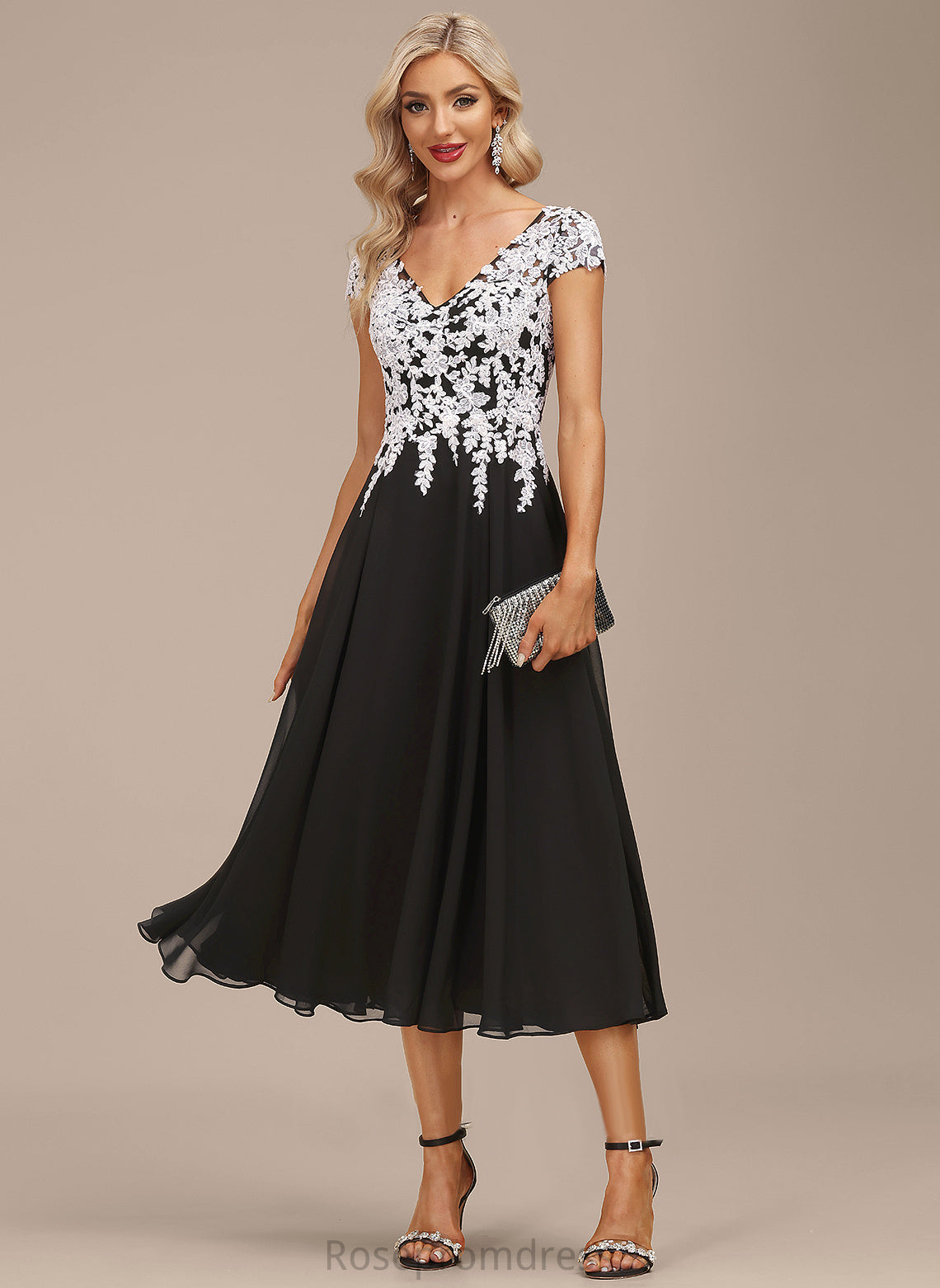 Dress Cocktail Dresses Tea-Length Chiffon A-Line V-neck Cocktail Susanna Lace