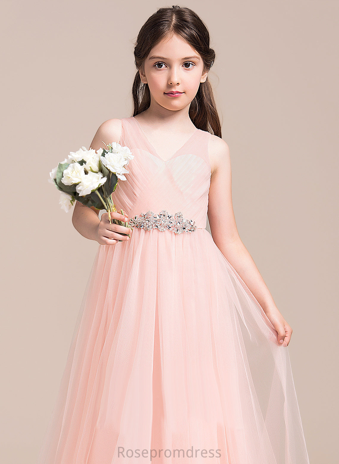 Sleeveless V-neck Dress Flower Girl Dresses Tulle Floor-length Flower With Girl Ruffles/Beading/Sequins - Nora A-Line