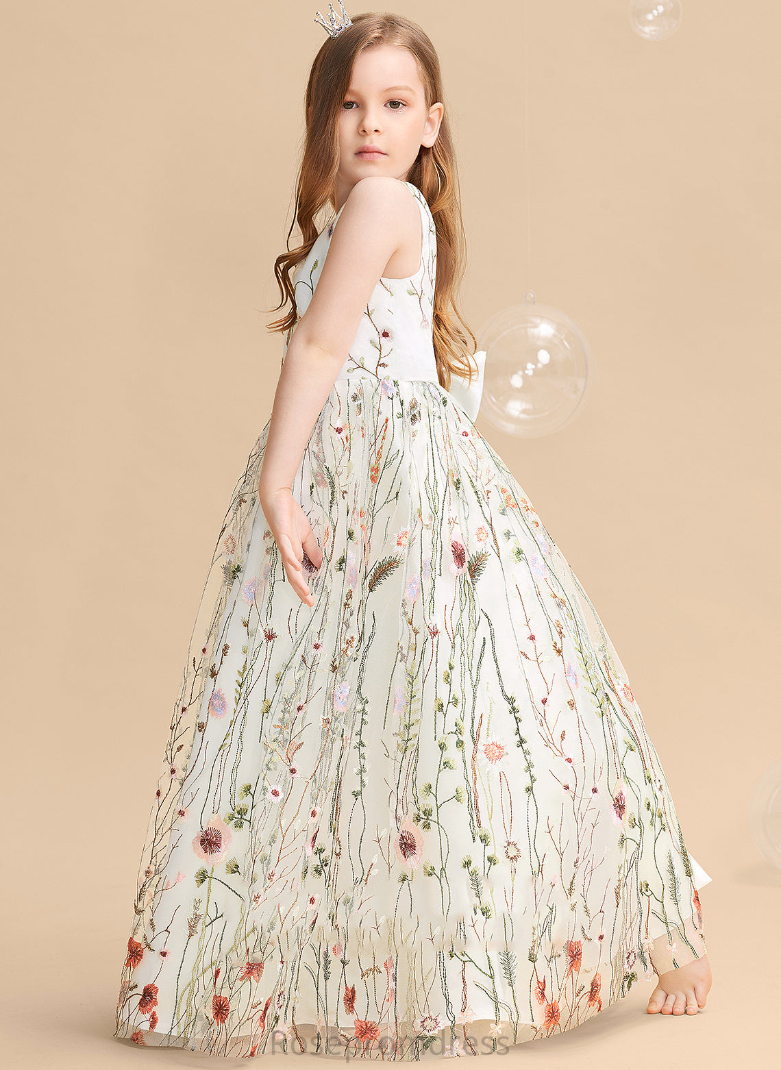 Flower Girl Dresses A-Line Girl Floor-length With Daisy Flower(s)/Bow(s) Sleeveless Dress V-neck Flower - Jacquard