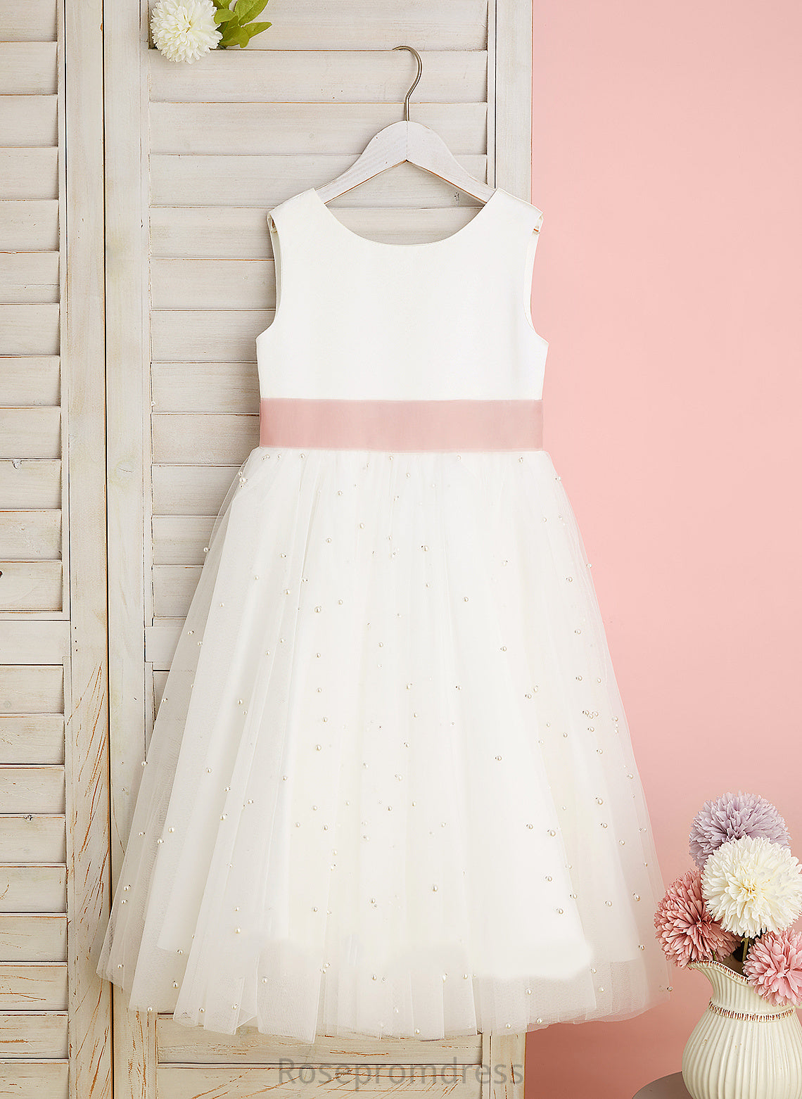 Neck Dress Tea-length With Back Scoop Girl A-Line Flower Sash/Bow(s)/V Flower Girl Dresses - Sleeveless Kaydence Satin/Tulle