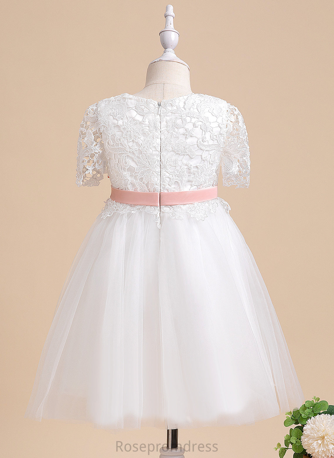 With Flower Tulle/Lace A-Line Sash/Flower(s) Dress Neck Knee-length Short Girl - Flower Girl Dresses Scoop Kallie Sleeves