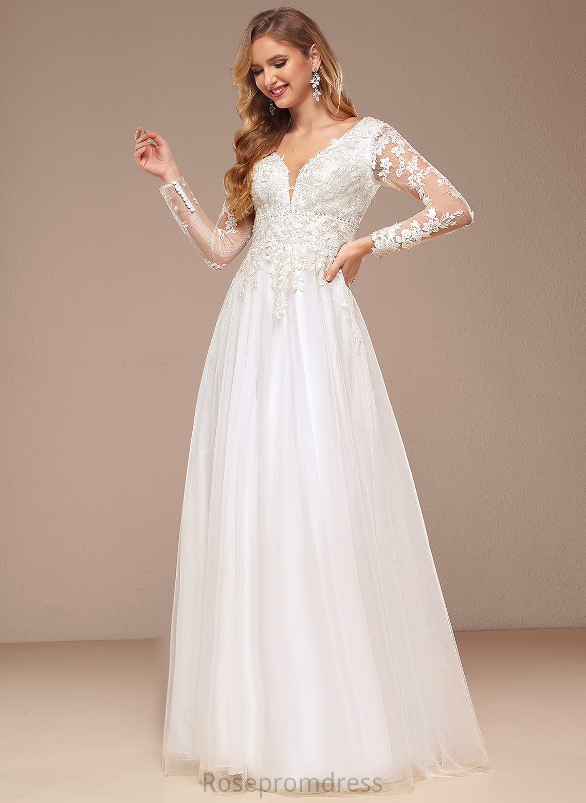 Tulle Dress Beading V-neck A-Line Lace Wedding Dresses Jolie Floor-Length Sequins With Wedding