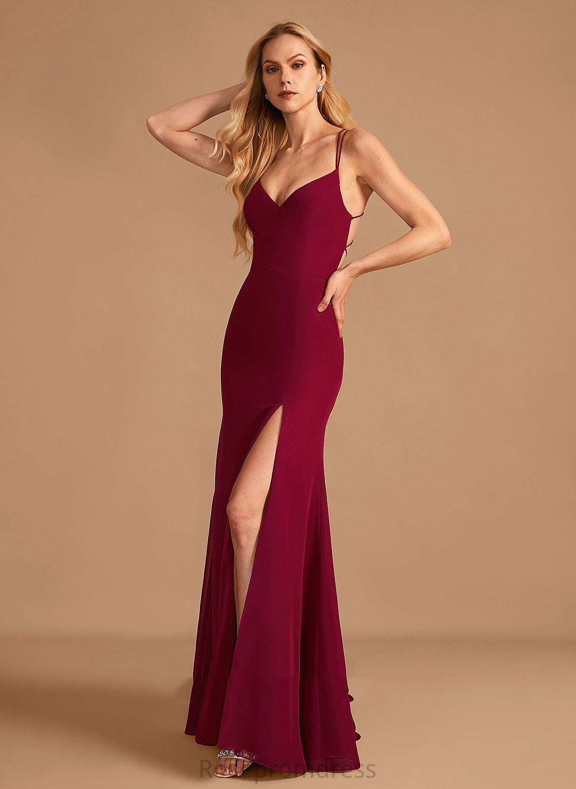 Neckline Floor-Length SplitFront V-neck Trumpet/Mermaid Embellishment Length Silhouette Fabric Adriana Natural Waist Off The Shoulder Bridesmaid Dresses