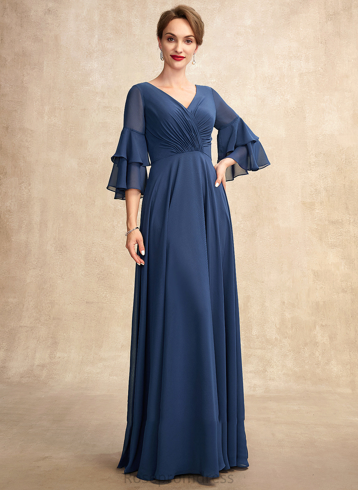 Chiffon Bride Mother of Floor-Length Dress V-neck the With Mother of the Bride Dresses A-Line Ruffles Micaela Cascading