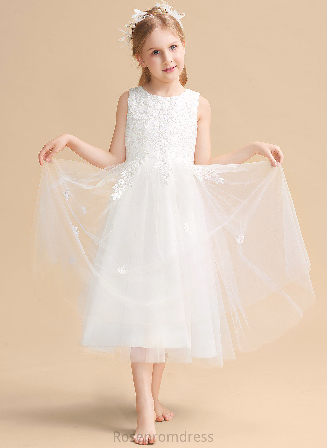 With Neck Girl Flower Girl Dresses A-Line Sleeveless Scoop Bow(s) - Satin/Tulle Tea-length Flower Dress Danika