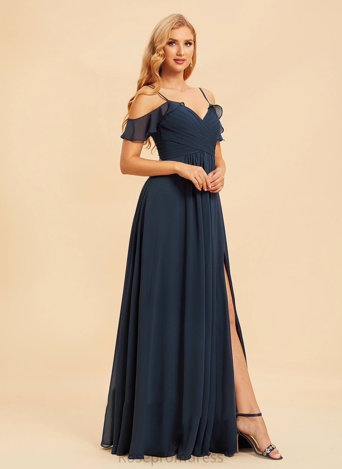 A-Line Fabric V-neck Embellishment Floor-Length SplitFront Silhouette Neckline Length Paula Sleeveless A-Line/Princess Bridesmaid Dresses