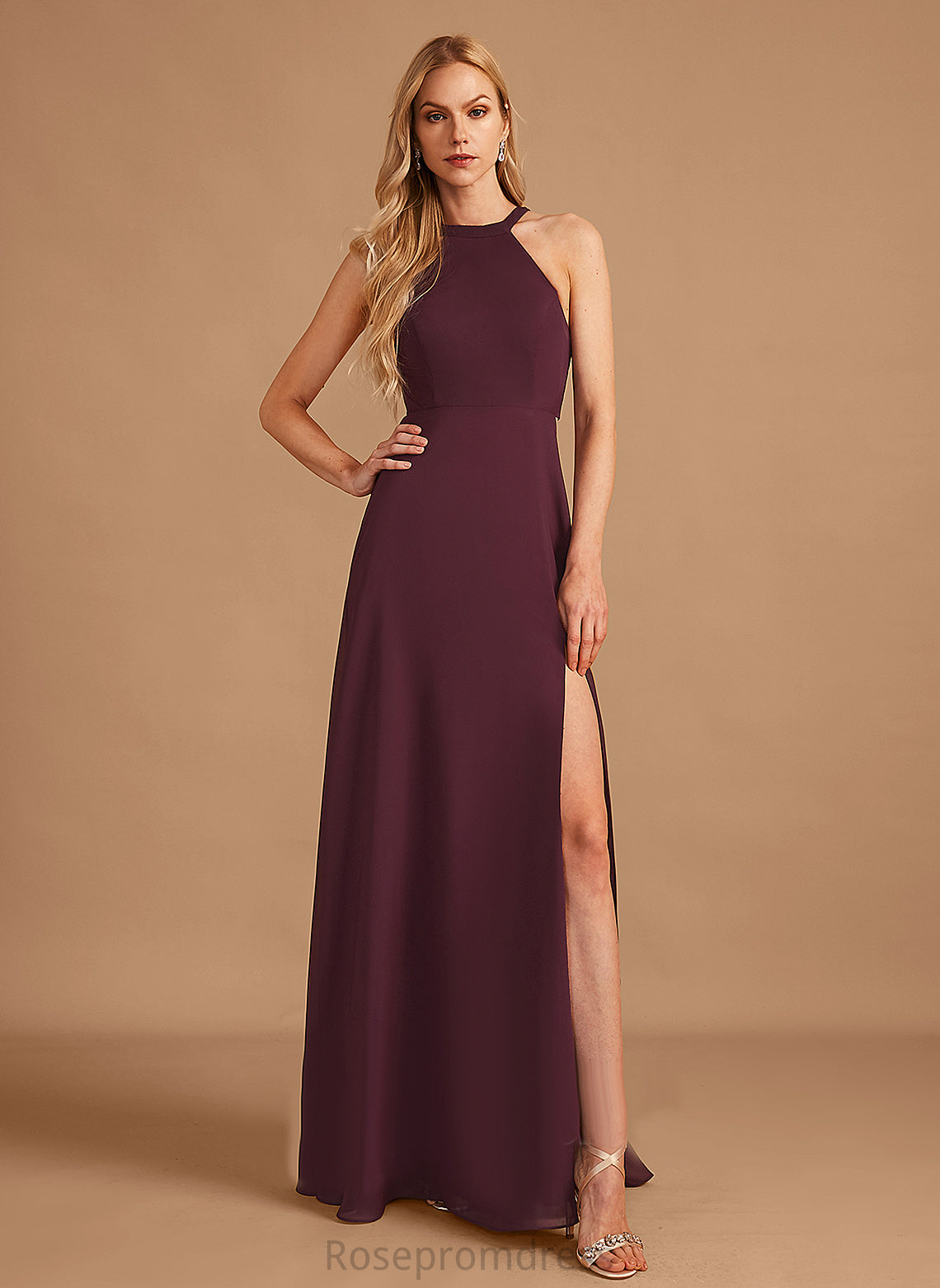 Silhouette HighNeck Neckline A-line Straps&Sleeves Length Floor-Length Fabric Alisha Floor Length Natural Waist Sleeveless Bridesmaid Dresses