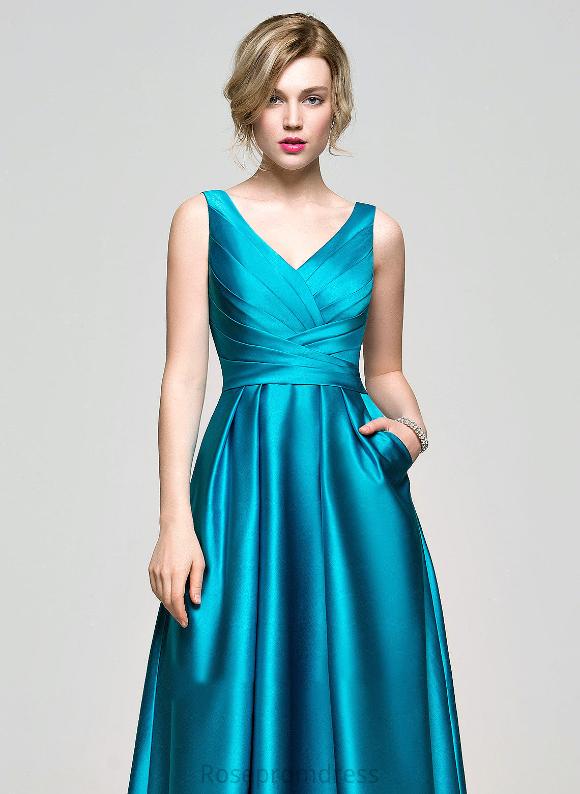 Prom Dresses With V-neck Pockets Floor-Length Ball-Gown/Princess Ruffle Satin Cara