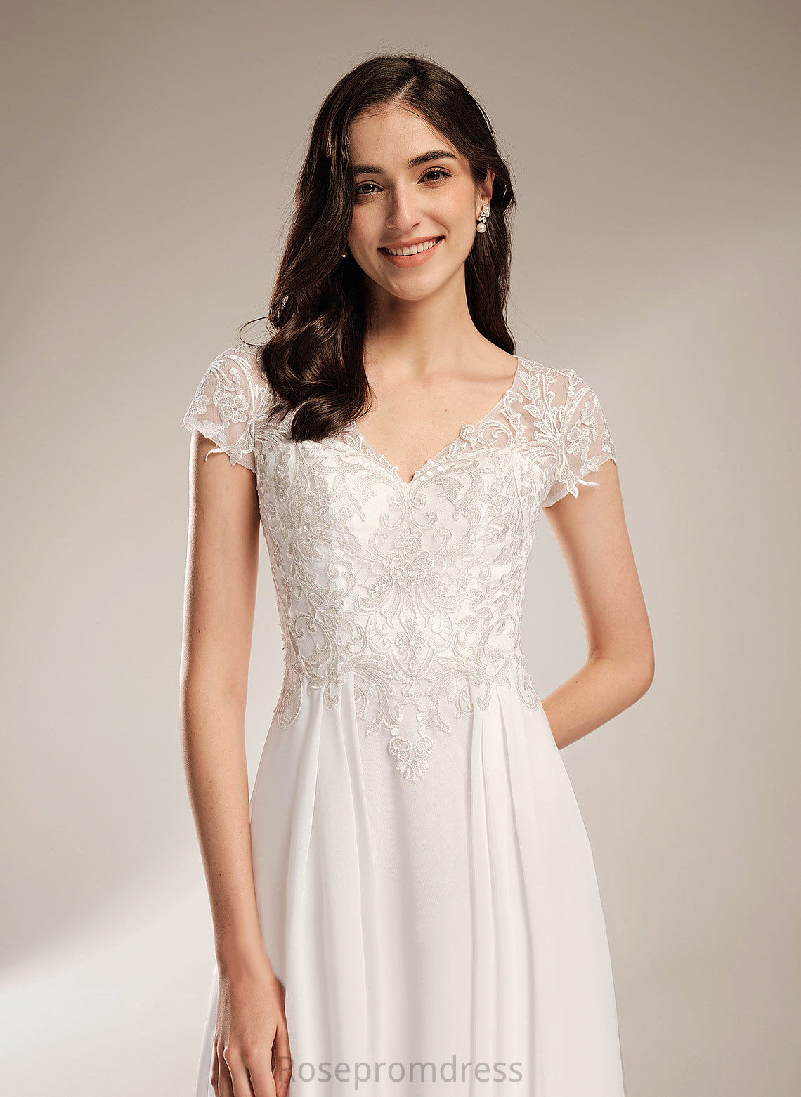 A-Line Asymmetrical Wedding Lace Chiffon Dalia With V-neck Wedding Dresses Dress