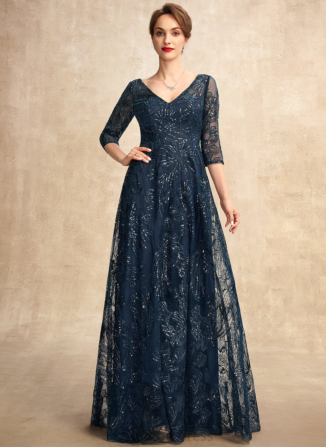 Mother of the Bride Dresses With Lace A-Line Mother Floor-Length Dress Sequins of Marley V-neck Bride the