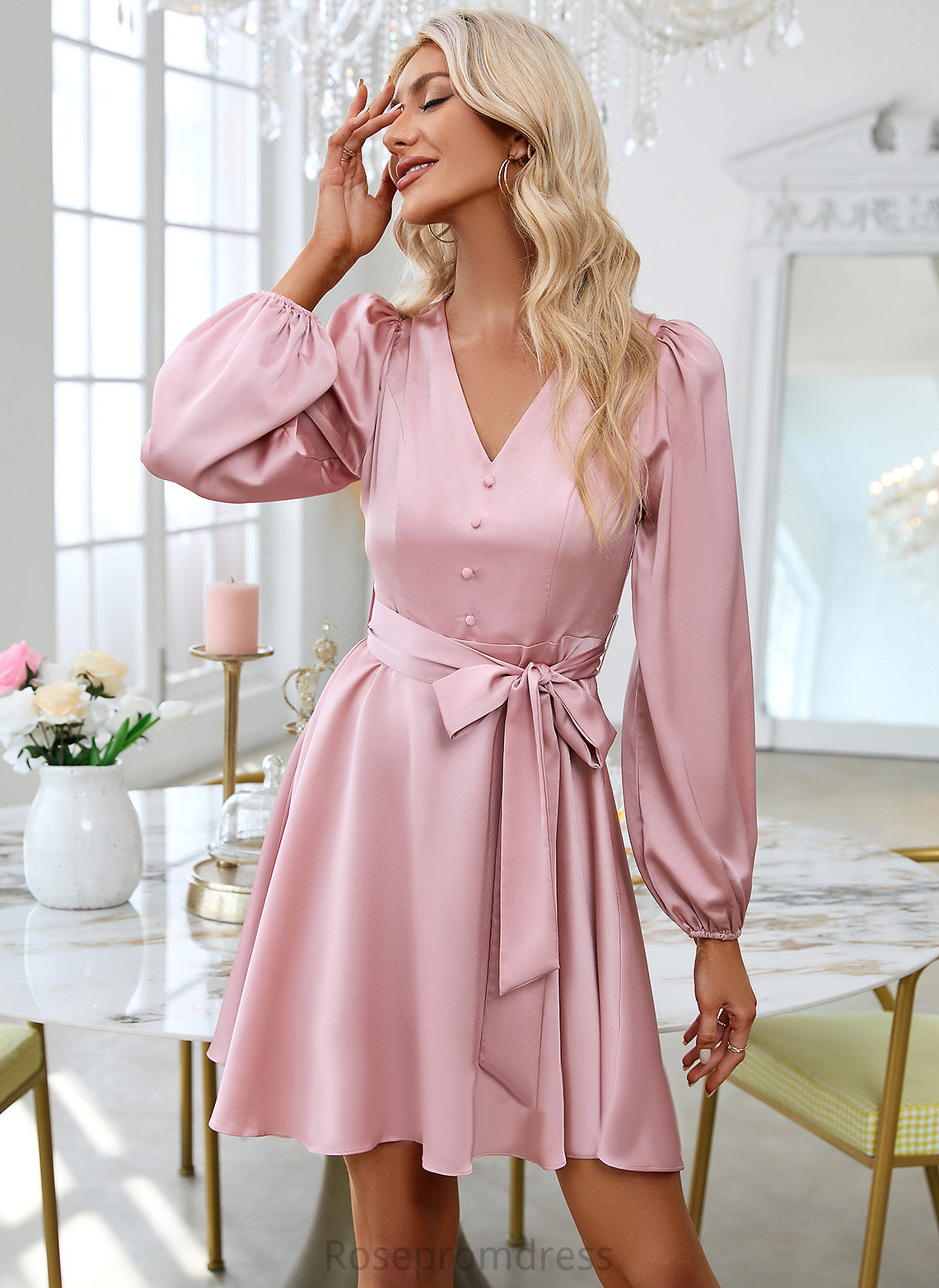 Sleeves Mckayla A-line Mini Satin Club Dresses V-Neck Dresses Elegant Long