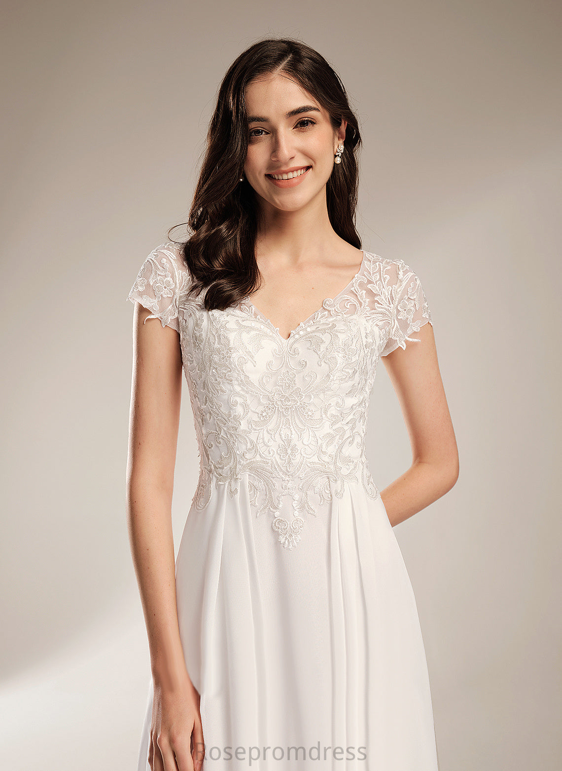 V-neck Chiffon Asymmetrical Wedding Dresses Claudia A-Line Wedding Lace Dress