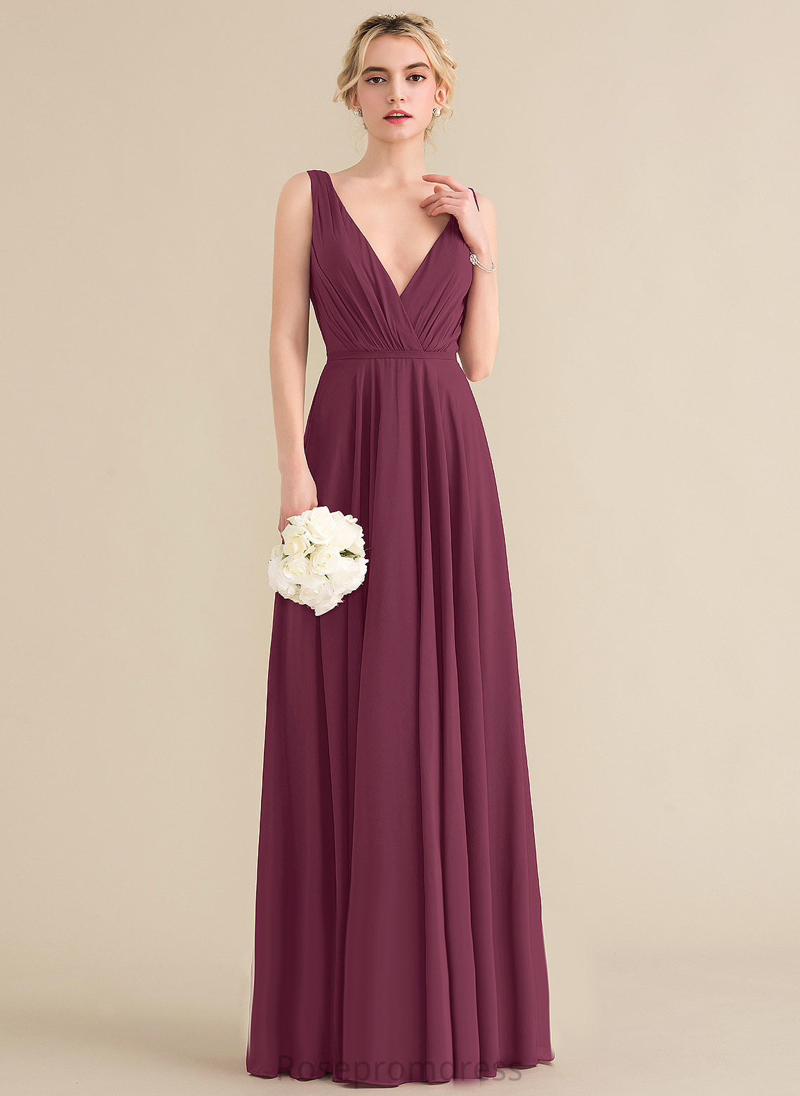 A-Line Floor-Length Pleated Chiffon Prom Dresses V-neck With Violet