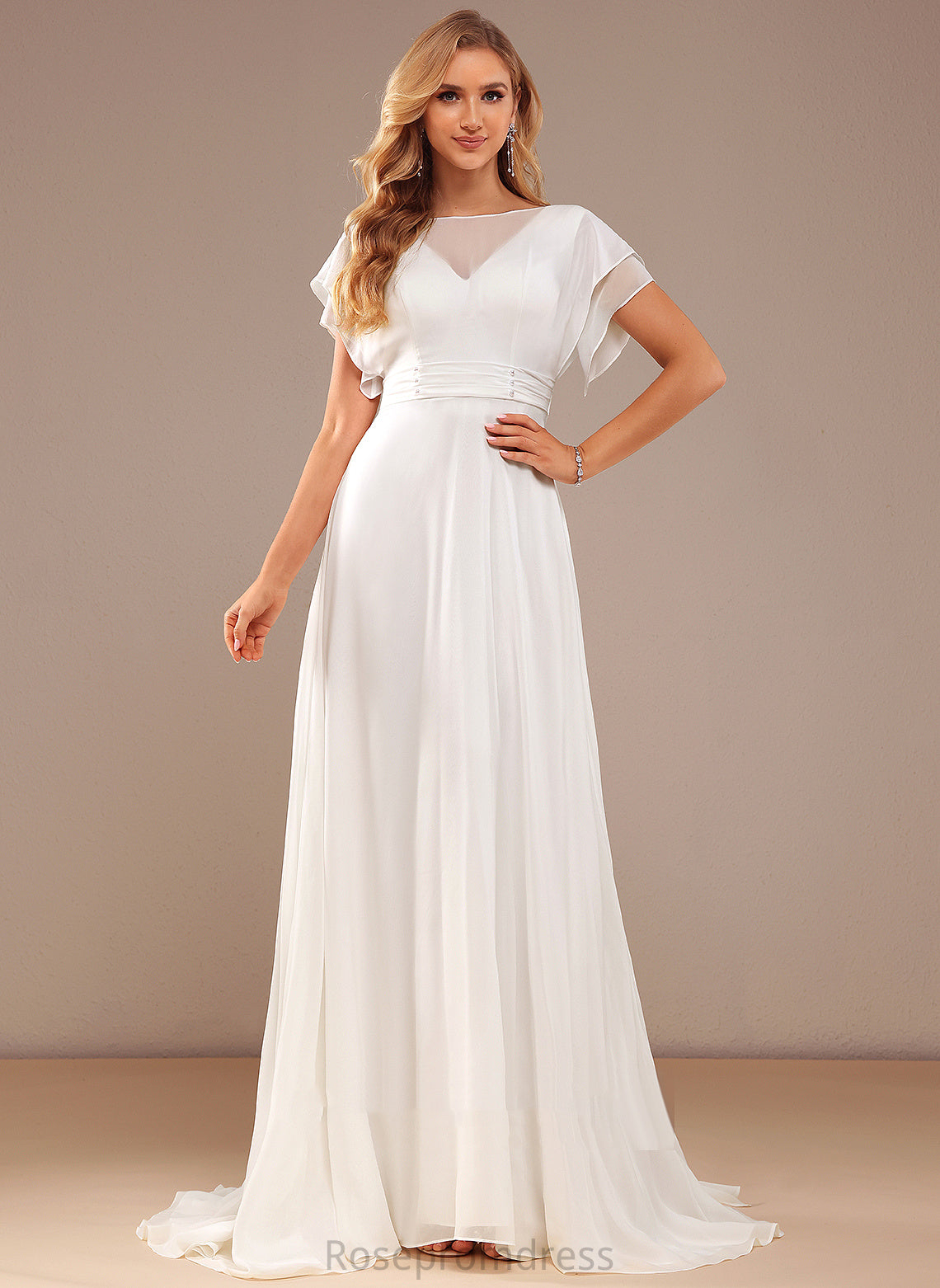 Neck Scoop Beading A-Line Aliya With Wedding Sweep Dress Train Chiffon Wedding Dresses