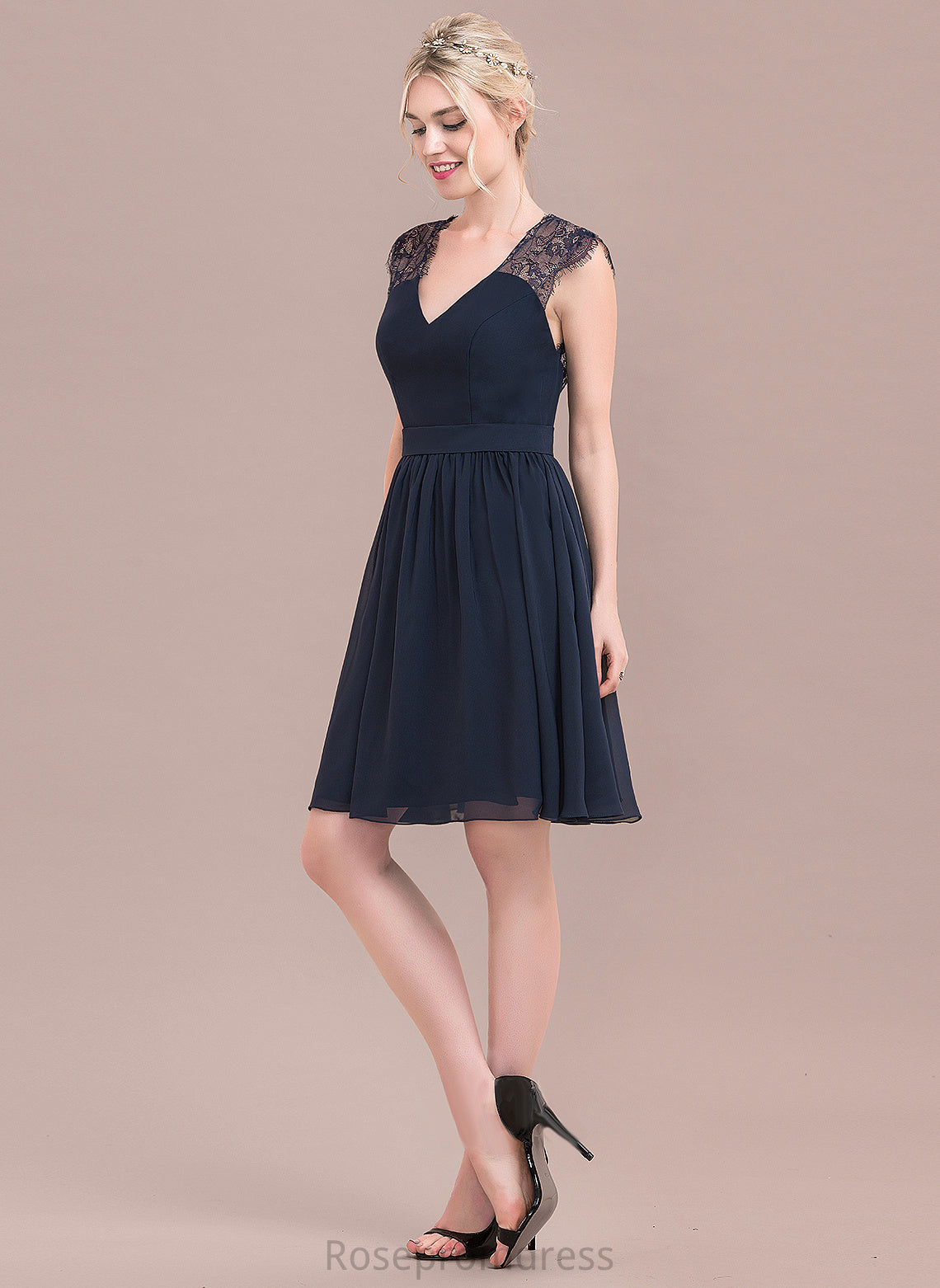 Lace V-neck Dress Knee-Length Cocktail Dresses A-Line Chiffon Alissa Cocktail