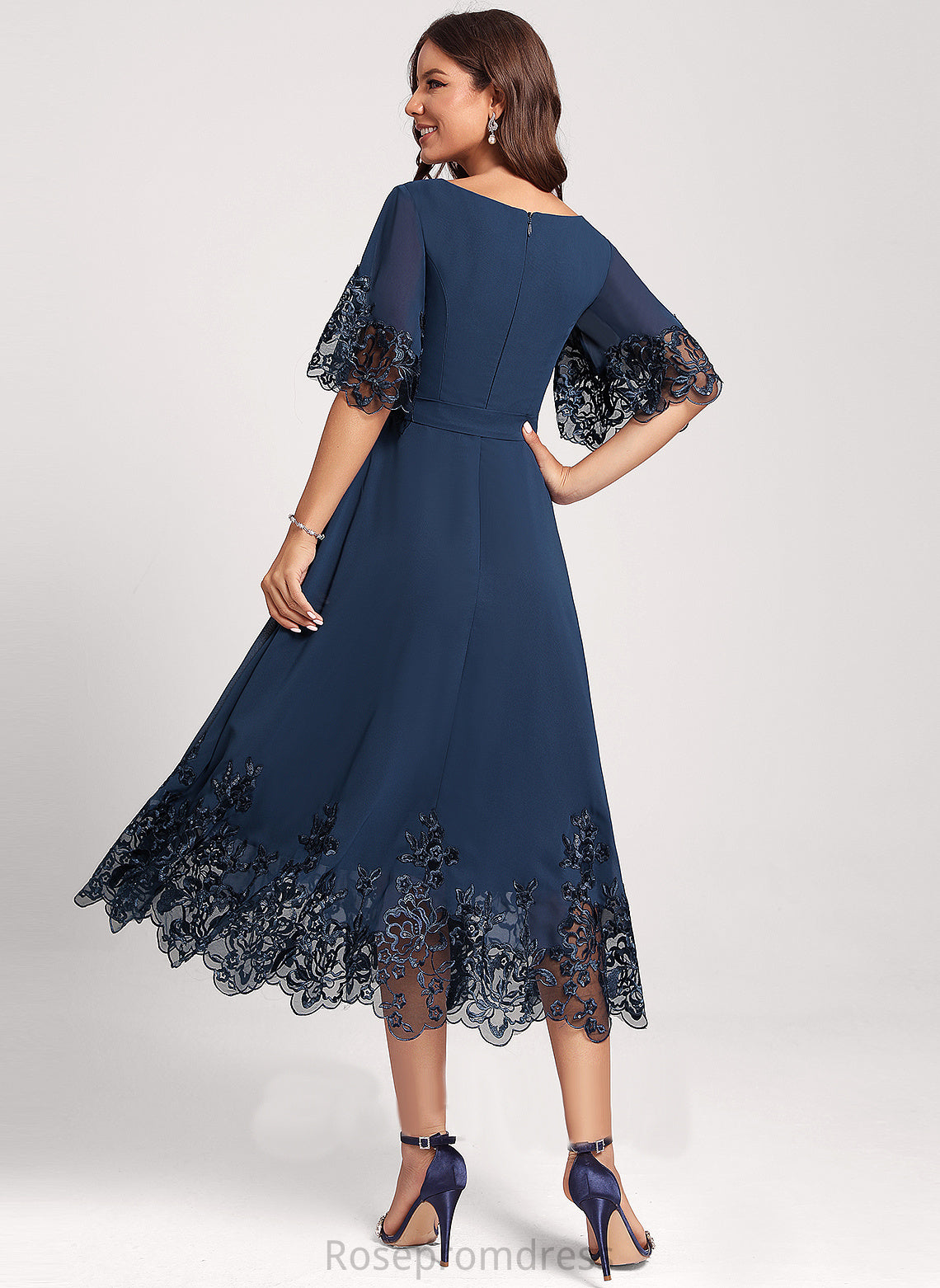 Chiffon Izabella A-Line Cocktail Club Dresses Sequins V-neck Lace With Tea-Length Dress