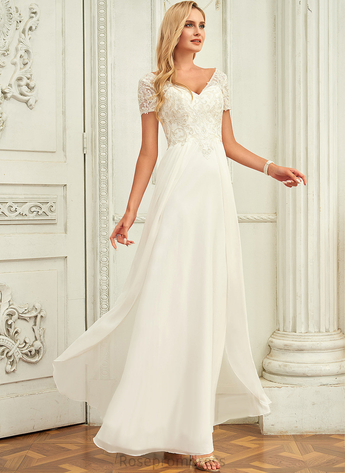 Wedding Lace Dress V-neck Chiffon Theresa With Floor-Length Wedding Dresses A-Line