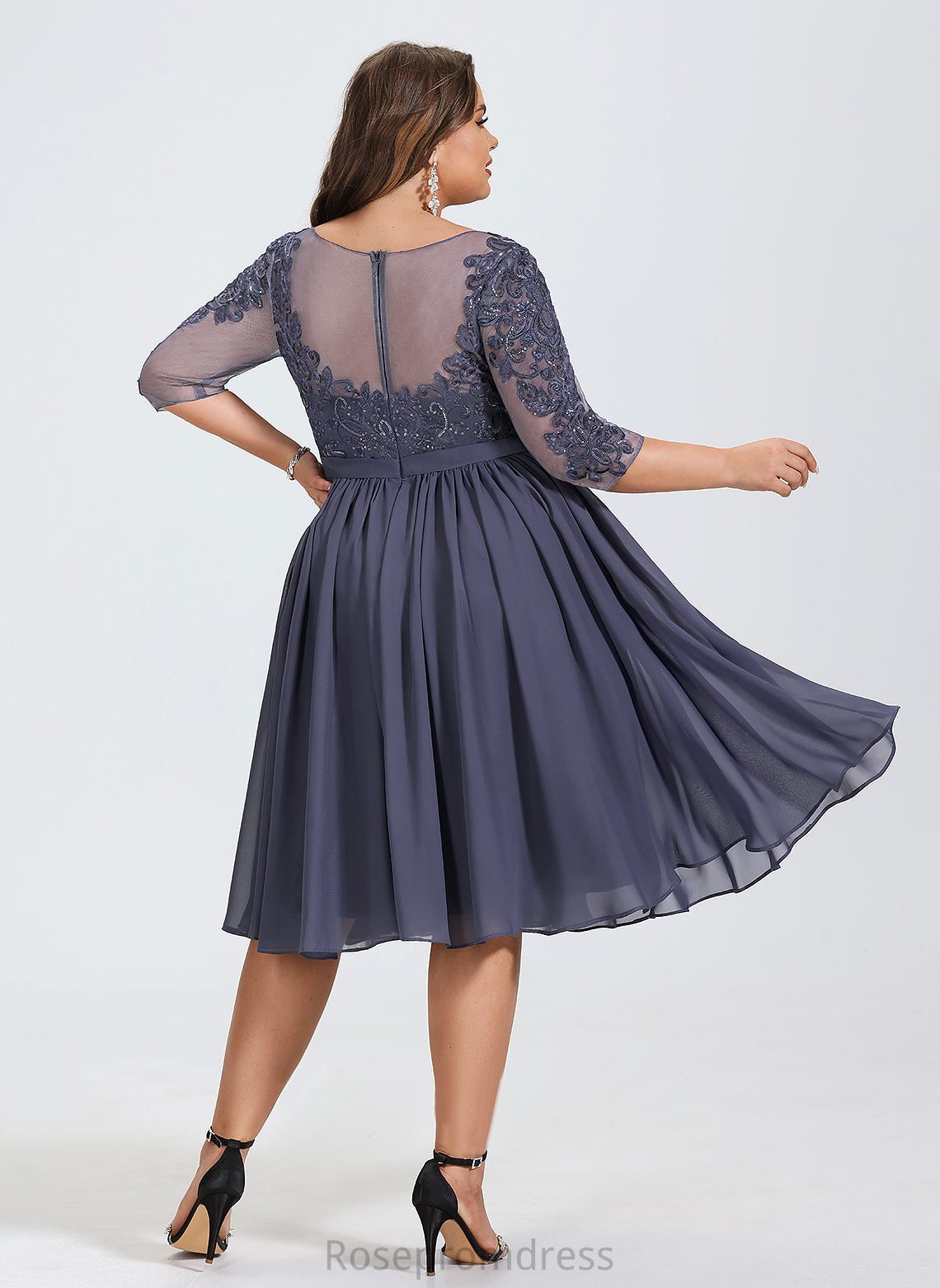 A-Line Dress Cocktail Neck Lace Cocktail Dresses With Sequins Gemma Scoop Knee-Length Chiffon