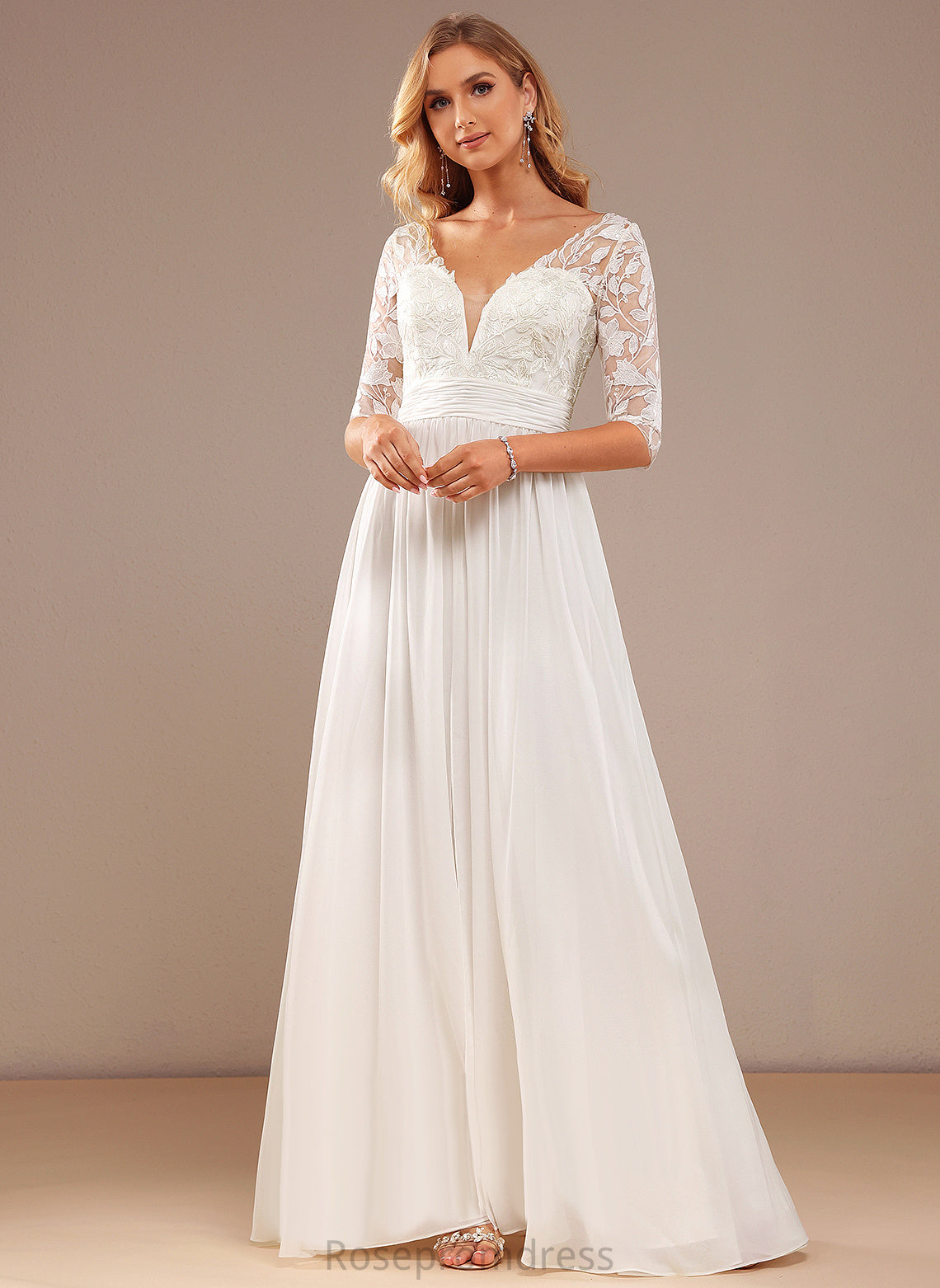 Dress Chiffon Floor-Length V-neck Hilda Wedding Dresses Ruffle A-Line With Sequins Lace Wedding