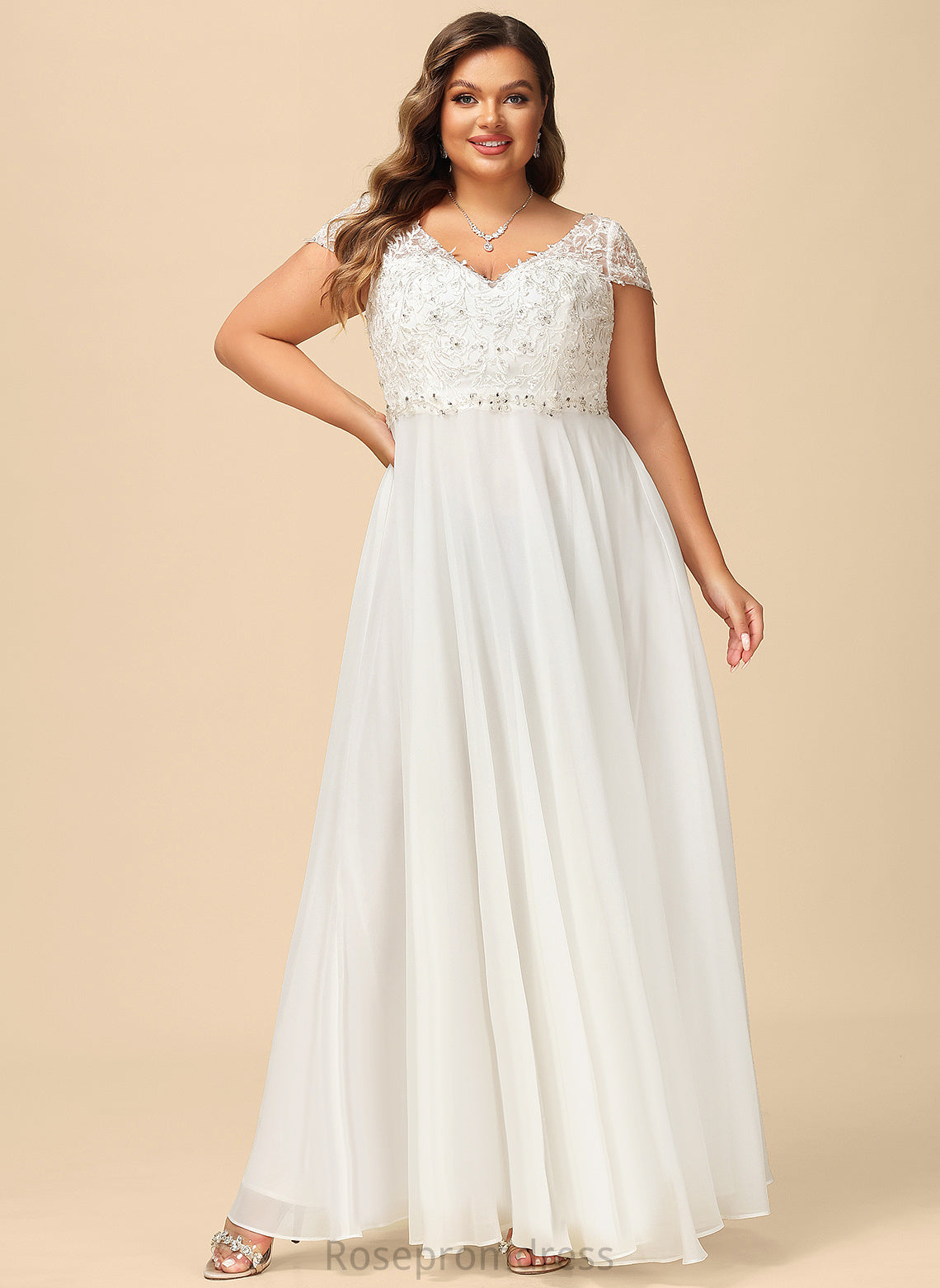 Lyric V-neck Chiffon Lace Floor-Length Dress Wedding Dresses With Sequins Beading Wedding A-Line