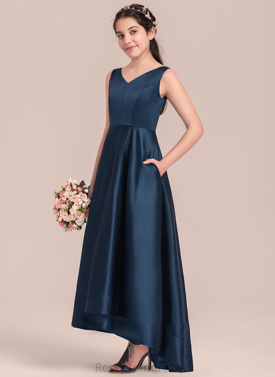 Nita Asymmetrical A-Line Satin Junior Bridesmaid Dresses V-neck