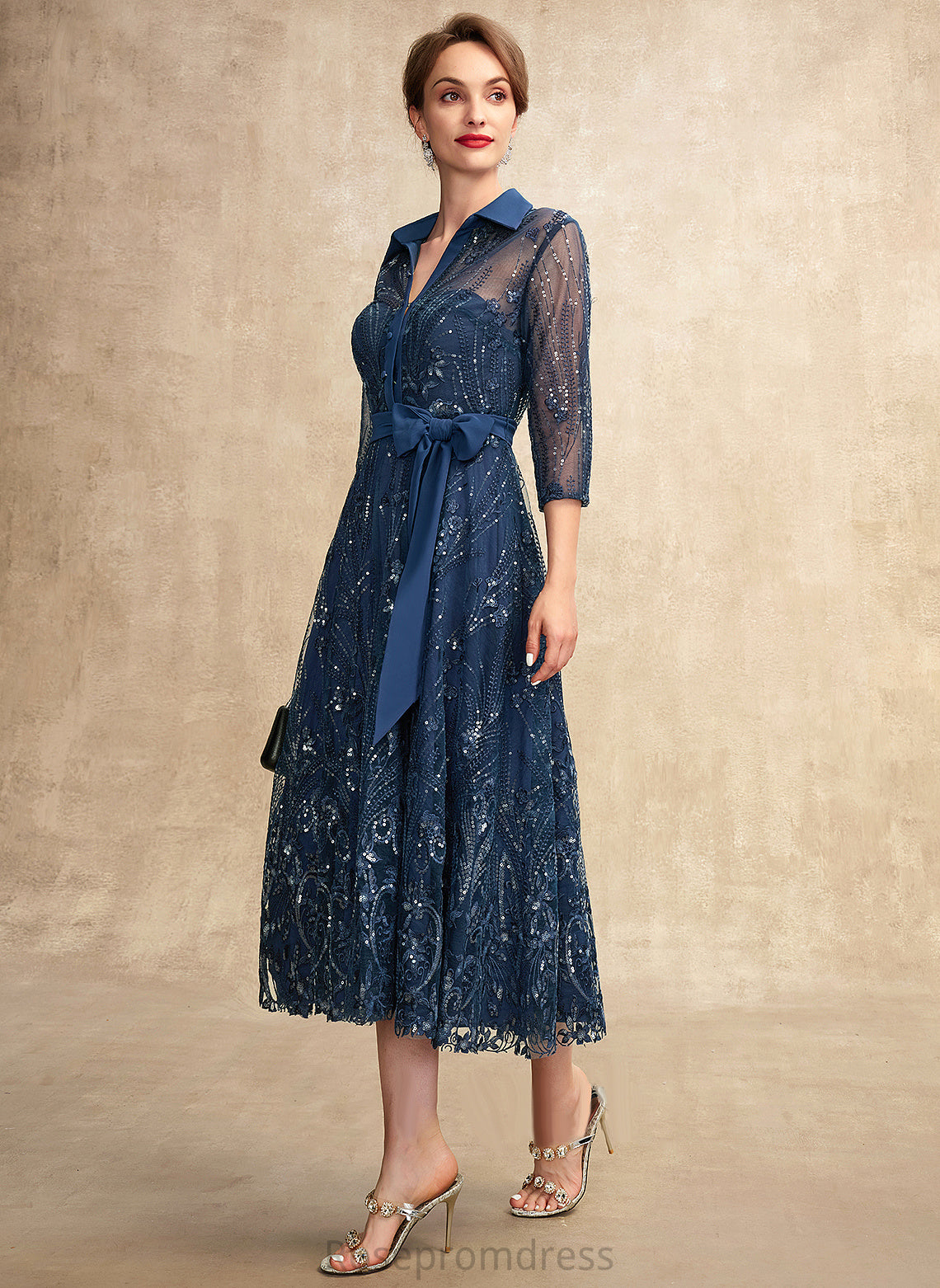 With Lace Tea-Length of the Mother of the Bride Dresses Chiffon Bride Bow(s) Sequins V-neck Mother Dress Serenity A-Line