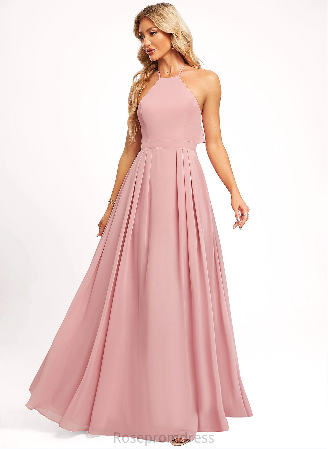 A-line Fabric Straps&Sleeves Neckline Silhouette Halter Length Floor-Length Journey Natural Waist Scoop Sleeveless Bridesmaid Dresses