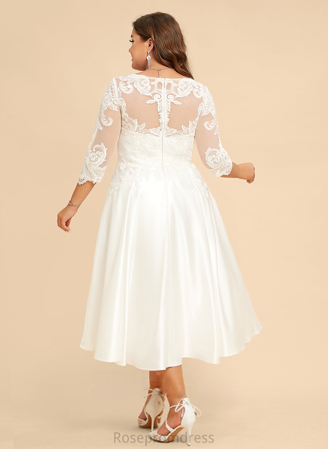 Illusion Satin Tea-Length Wedding A-Line Wedding Dresses Lace Miah Dress