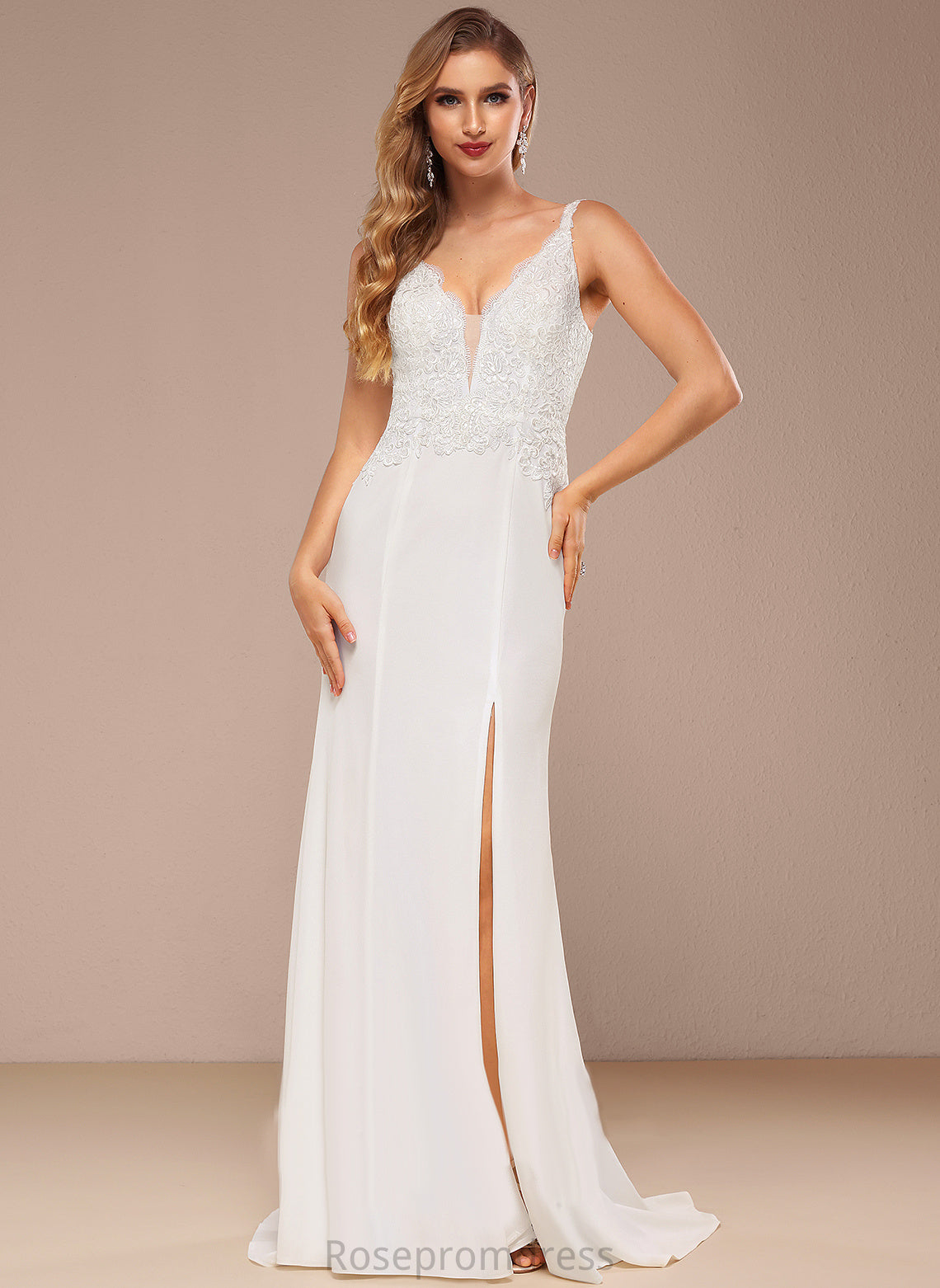 Trumpet/Mermaid V-neck With Lace Chiffon Dress Sweep Train Wedding Dresses Wedding Sequins Jenny