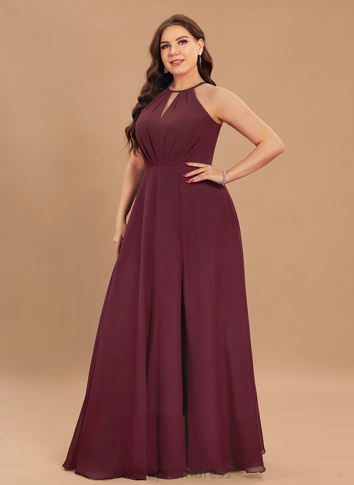 Fabric Silhouette Length SplitFront A-Line Halter Neckline Embellishment Floor-Length Undine Floor Length V-Neck Bridesmaid Dresses