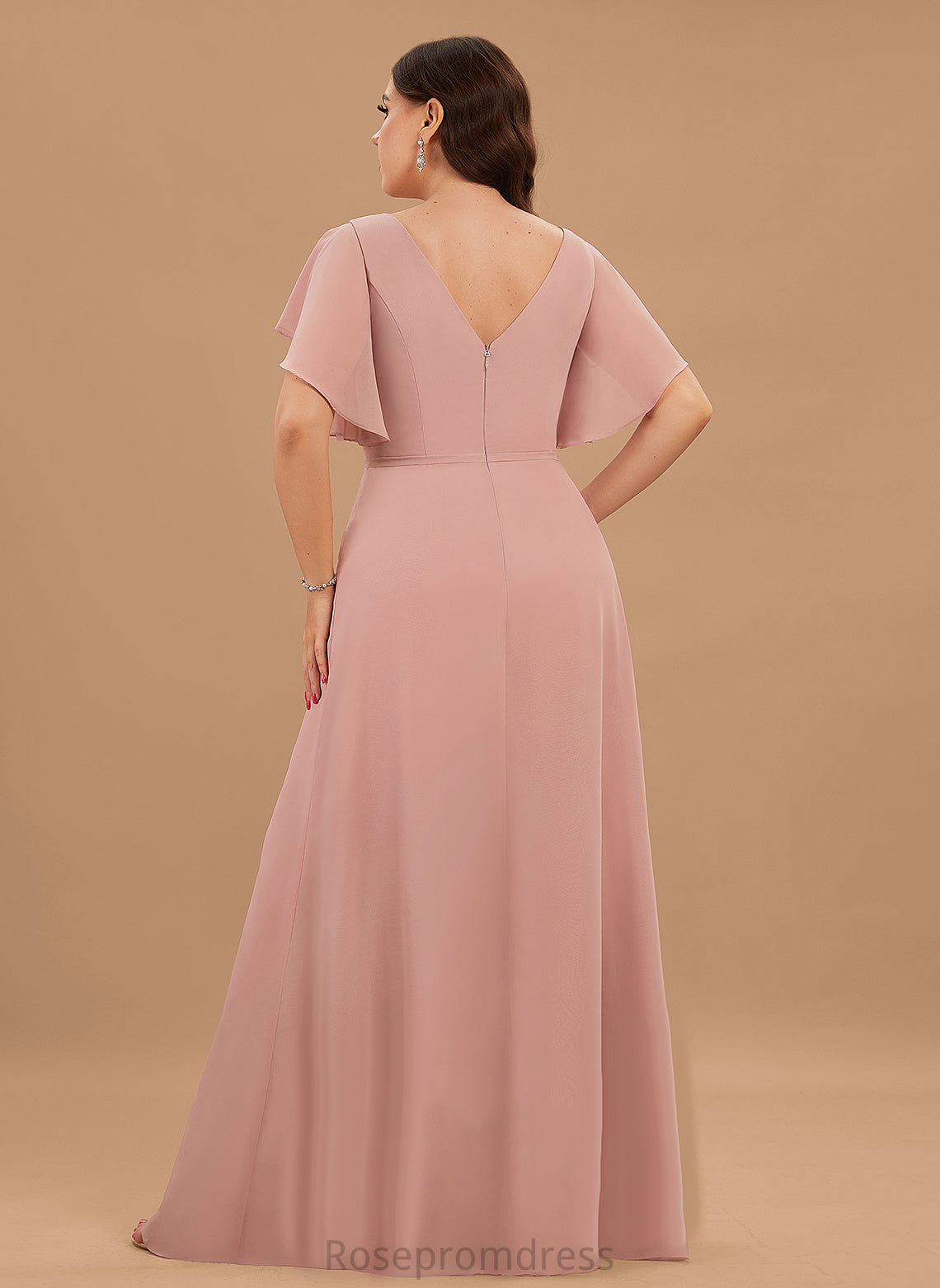 Floor-Length Ruffle Embellishment A-Line Length Silhouette Neckline SplitFront Fabric V-neck Cristal Floor Length Bridesmaid Dresses