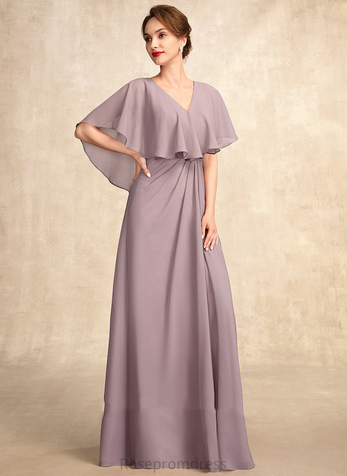 of A-Line Dress the With Chiffon Mother of the Bride Dresses Floor-Length Mother Bride Rose Ruffle V-neck