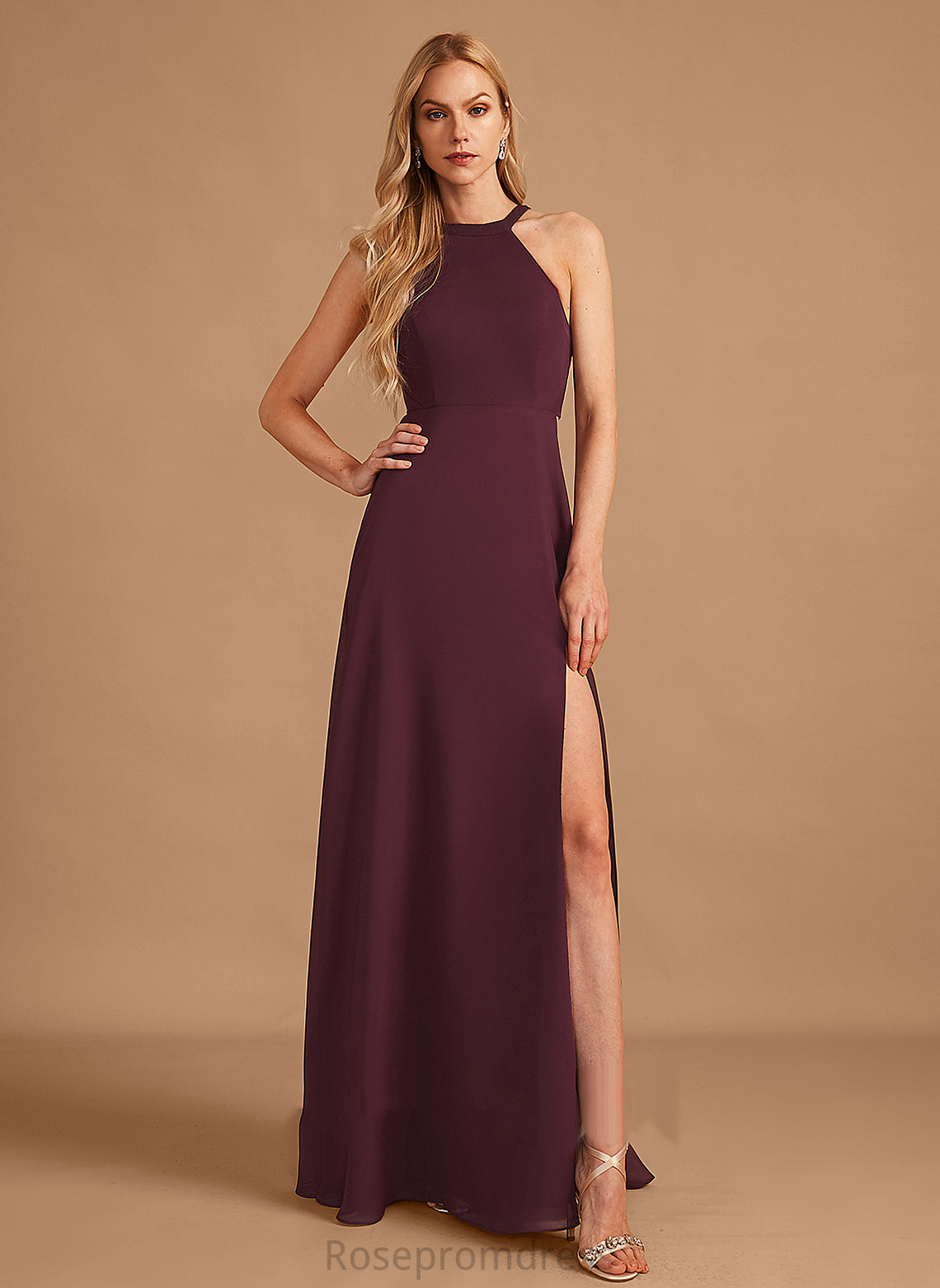 Silhouette Floor-Length HighNeck Length Fabric SplitFront Embellishment Neckline A-Line Lyric Natural Waist Floor Length Bridesmaid Dresses