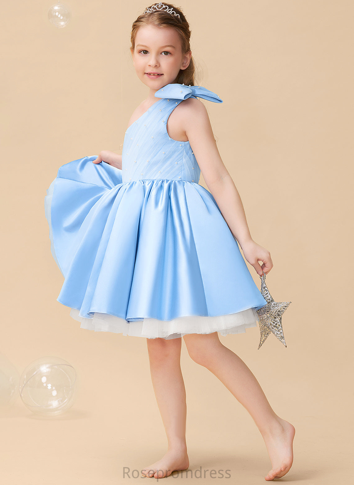 Beading/Bow(s) One-Shoulder Flower With Sleeveless Satin/Tulle A-Line Flower Girl Dresses Fernanda Dress Knee-length Girl -