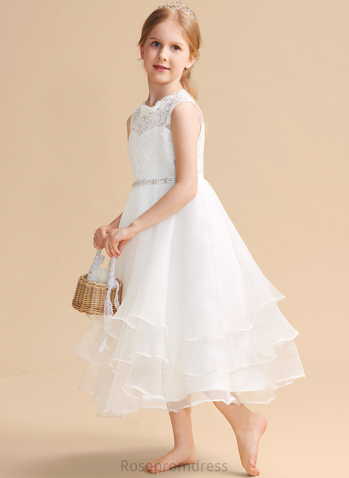 Tea-length Dress Sleeveless Girl - Organza/Lace Carolyn With Neck Flower Flower Girl Dresses A-Line Scoop Beading/Rhinestone