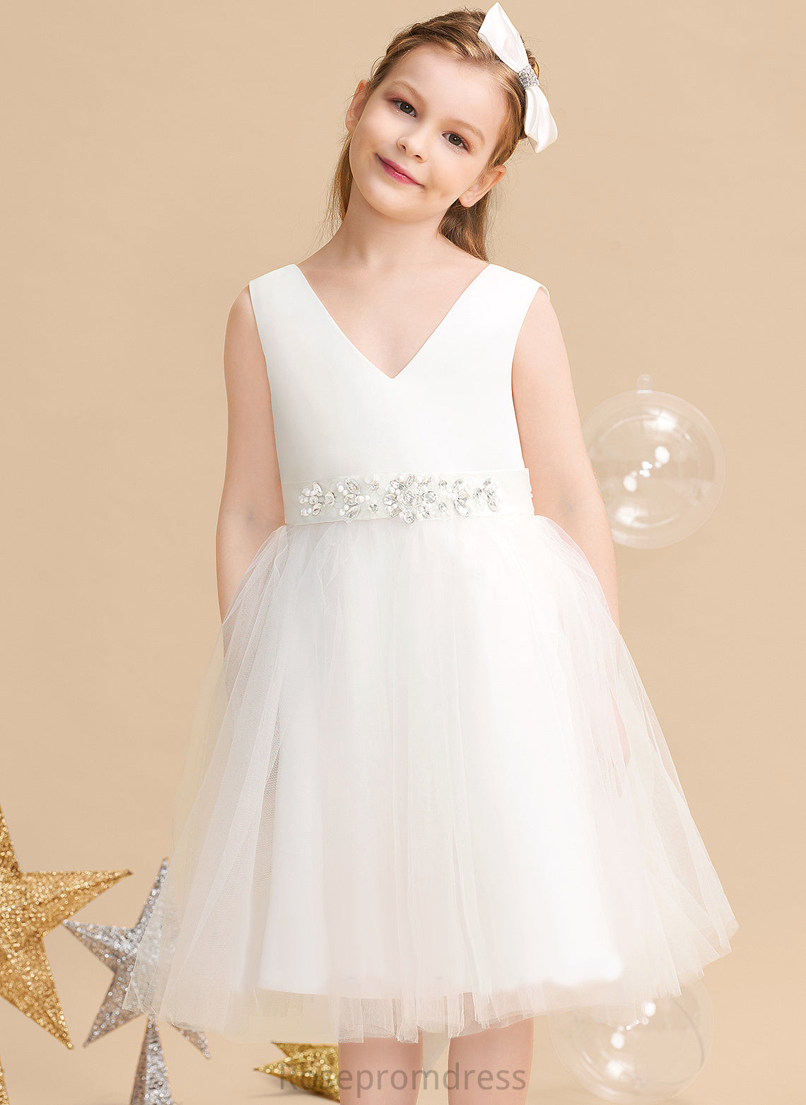 Satin/Tulle V-neck Flower Girl Flower Girl Dresses Dress - With Sleeveless Bow(s) Karlee Knee-length A-Line