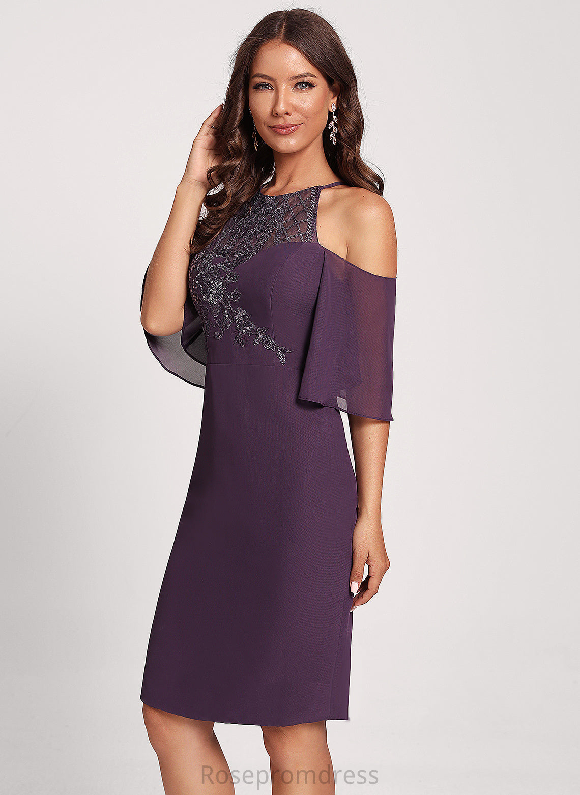 Cocktail Knee-Length Cold Lace Magdalena Shoulder Chiffon Club Dresses Sequins Dress With Sheath/Column